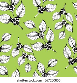 Seamless coffee background with branch of coffee . Hand drawn illustration in sketch style.