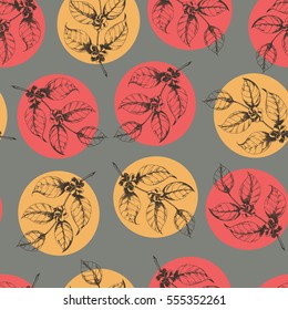 Seamless coffee background with branch of coffee. Hand drawn illustration in sketch style. Ink drawn vintage herbal pattern. Line art on grey and colored circle.