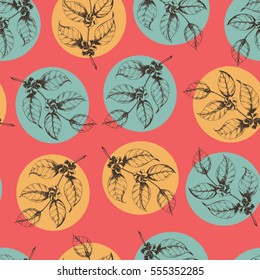Seamless coffee background with branch of coffee on red. Hand drawn illustration in sketch style. Ink drawn vintage herbal pattern.