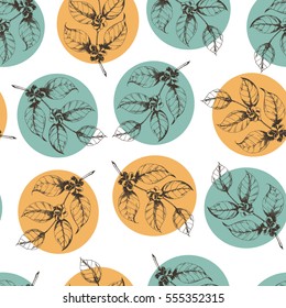 Seamless coffee background with branch of coffee on white. Hand drawn illustration in sketch style. Ink drawn vintage herbal pattern.