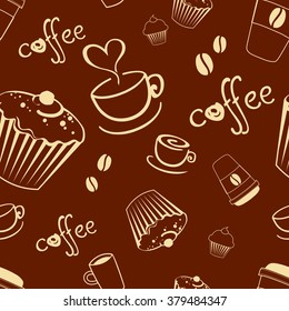 Seamless coffee background with cakes, cup, text, coffee beans. Vector pattern.