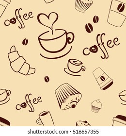 Seamless coffee background with cakes, cup, text, coffee beans. Vector pattern.