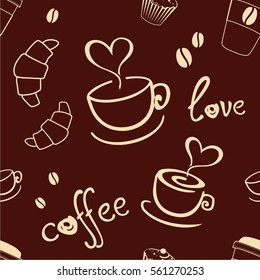 Seamless coffee background with cakes, cup, text, coffee beans. Vector pattern.