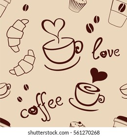 Seamless coffee background with cakes, cup, text, coffee beans. Vector pattern.