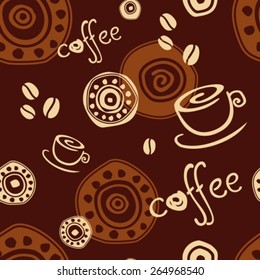 Seamless coffee background with caps, text, coffee beans