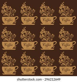 Seamless coffee background with caps, text, coffee beans. Vector Illustration 