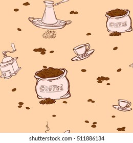 Seamless coffee background with coffee cargo package, espresso cups, hand grinder and coffee beans. Hand drawn illustration in sketch style. EPS10 vector illustration