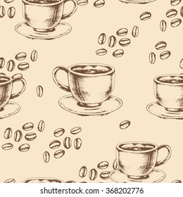 Seamless coffee background with coffee cup and coffee beans. Hand drawn illustration in sketch style.
