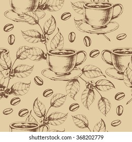 Seamless coffee background with coffee cup,  branch of coffee and coffee beans. Hand drawn illustration in sketch style.
