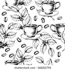 Seamless coffee background with coffee cup,  branch of coffee and coffee beans. Hand drawn illustration in sketch style.
