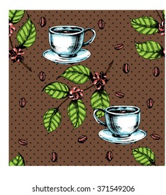Seamless coffee background with coffee cup, branch of coffee and coffee beans. Hand drawn illustration in sketch style.
