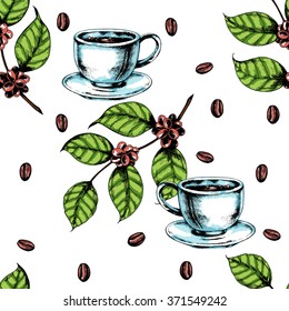 Seamless coffee background with coffee cup, branch of coffee and coffee beans. Hand drawn illustration in sketch style.