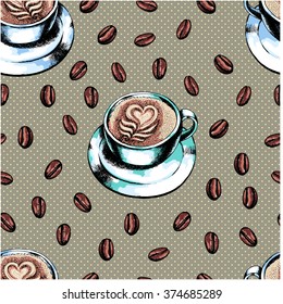 Seamless coffee background with cup of cappuccino and coffee beans. Ink drawn illustration.