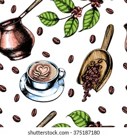 Seamless coffee background with  cup of cappuccino,  branch of coffee, scoop with coffee and coffee beans. Hand drawn illustration in sketch style.