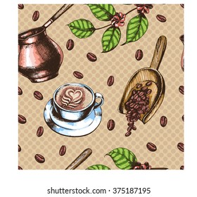 Seamless coffee background with  cup of cappuccino,  branch of coffee, scoop with coffee and coffee beans. Hand drawn illustration in sketch style.
