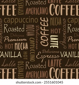 Projeto de fundo de café contínuo com várias faces tipográficas. Ilustração vetorial.