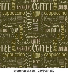 Seamless coffee background design with various typographic typefaces. Vector illustration.