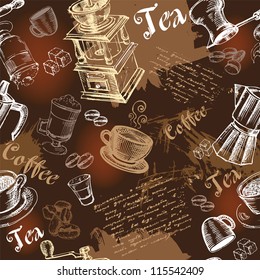 Seamless coffee background with hand drawn elements