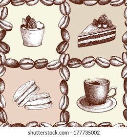 Seamless coffee background with hand drawn elements isolated on white