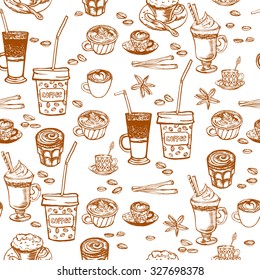Seamless coffee background 
with hand drawn elements.