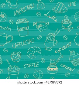 Seamless coffee background with hand drawn elements