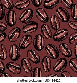 Seamless coffee background. Ink drawn vector illustration in sketch style on brown background. Coffee beans.