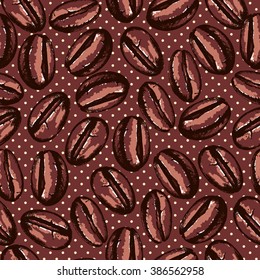 Seamless coffee background. Ink drawn vector illustration in sketch style. Coffee beans. On brown background with points.