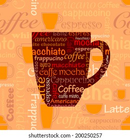 Seamless coffee background with coffee mug and coffee words