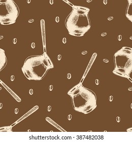 Seamless coffee background on brown. Hand drawn illustration in sketch style.