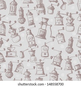 Seamless coffee background with vintage coffee mills. Can be used for wallpaper, pattern fills, textile, web page background, surface textures. Vector illustration. 
