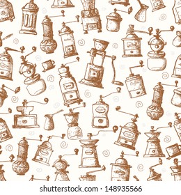 Seamless coffee background with vintage coffee mills. Can be used for wallpaper, pattern fills, textile, web page background, surface textures. Vector illustration. 