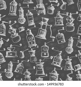 Seamless coffee background with vintage coffee mills on blackboard. Can be used for wallpaper, pattern fills, textile, web page background, surface textures. Vector illustration. 