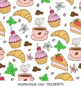 Seamless coffee bakery background with cups of coffee, cakes, cupcakes, coffee beans, mint. Can be used for wallpaper, web page background, surface textures.