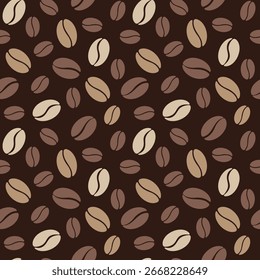 Modelo inconsútil del grano de café en el fondo marrón oscuro, Ilustración vectorial, diseño plano. Elemento gráfico del color de fondo para la decoración, empaquetado, tela, papel de embalaje. Dibujo abstracto dinámico