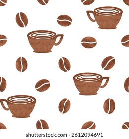 Seamless coffee beans and cups pattern. Vector watercolor coffee background