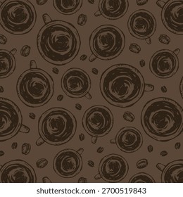 Feijão de café e xícaras padrão. Fundo de café aquarela vetorial
