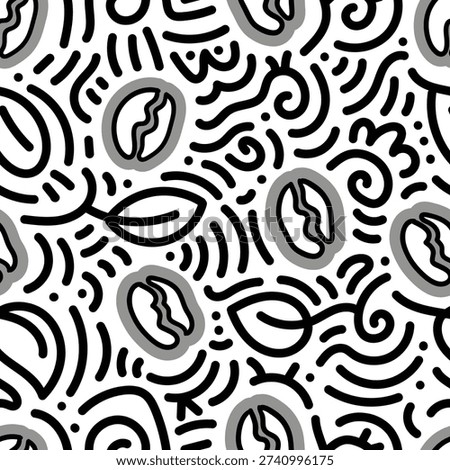 Seamless coffee beans and leaves pattern with abstract doodle accents in black, white and gray tones, hand drawn monochrome repeat ideal for café branding, packaging and textile print.