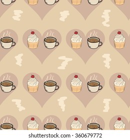 Seamless coffee and cake in hearts