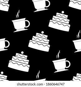 Seamless coffee and cake pattern. Tea and cakes pattern. Menu design. Vector illustration. Tea and cake seamless pattern. White silhouette on a black background. Vector illustration