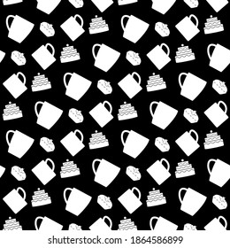Seamless coffee and cake pattern. Tea and cakes pattern. Menu design. Vector illustration. Tea and cake seamless pattern. White silhouette on a black background. Vector illustration