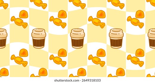 Seamless Coffee Candy Pattern. Seamless pattern with cartoon coffee cups and wrapped candies on a yellow checkered background. Flat style illustration in warm colors.