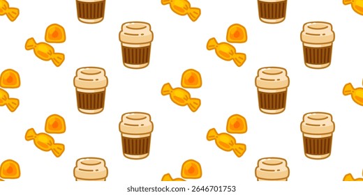 Seamless Coffee Candy Pattern Design. Coffee cups and caramel candies in a seamless cartoon flat style. Warm cozy colors, isolated on white background.
