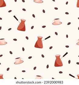 Seamless coffee concept pattern. Vector illustration background of coffee beans, turk cup.