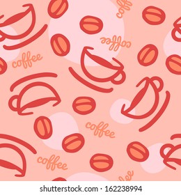 Seamless coffee cup & beans background - light red color.