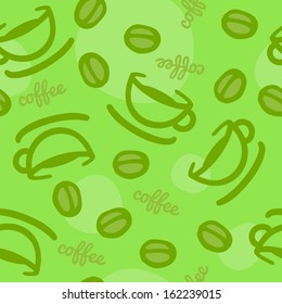 Seamless coffee cup & beans background - green color.