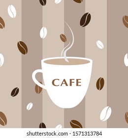 Seamless coffee cup and beans on brown striped background