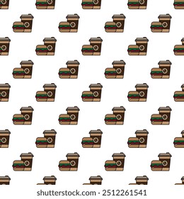 Seamless coffee cup and burger pattern for coffee shop background, cafe decoration, dining and culinary events. for coffee themed greeting cards. for coffee themed fabric motifs