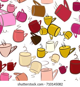 Seamless coffee cup illustrations background abstract, hand drawn. Cartoon style vector graphic.