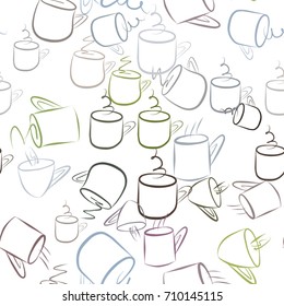 Seamless coffee cup illustrations background abstract, hand drawn. Cartoon style vector graphic.
