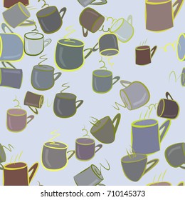 Seamless coffee cup illustrations background abstract, hand drawn. Cartoon style vector graphic.